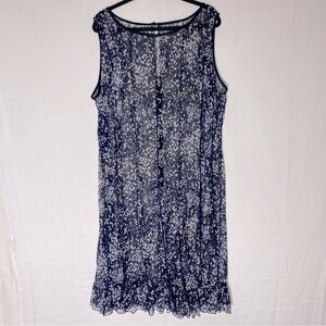 Navy Blue White Abstract Star Print Sheer Sleeveless Ruffle Hem Dress XXL